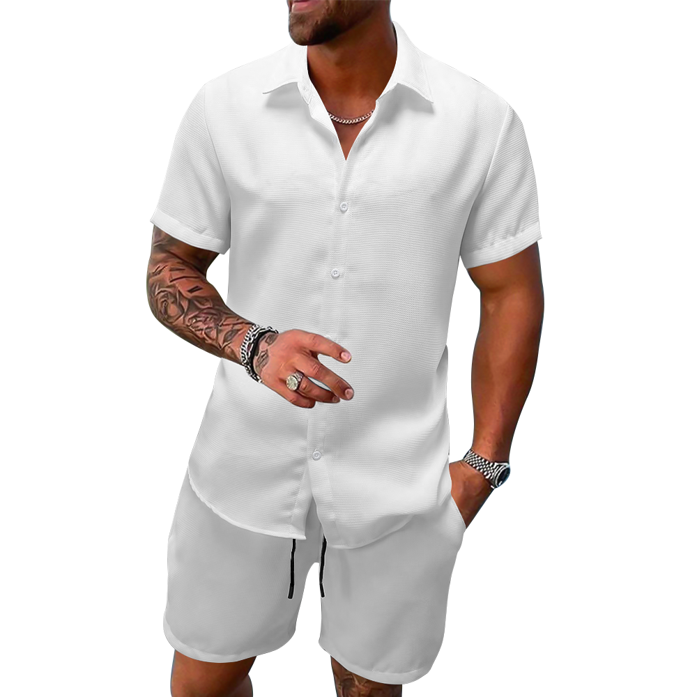 男翻领短袖衬衫短裤套装-LJ10046 - 四面弹-120g/S